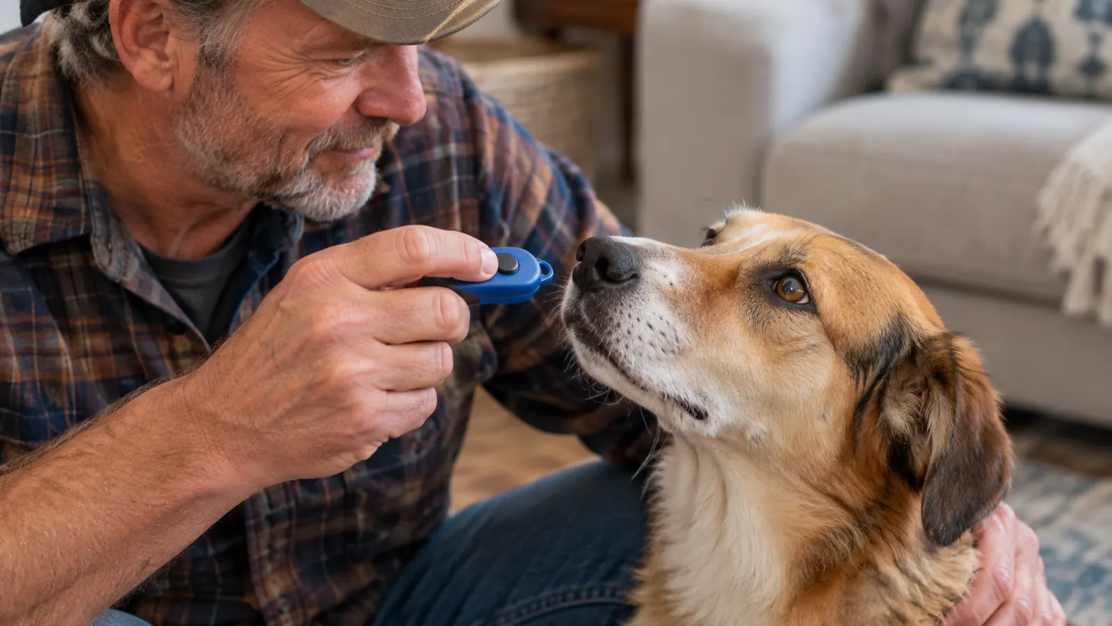 A hand holding a small clicker near a dog's nose while the dog waits patiently