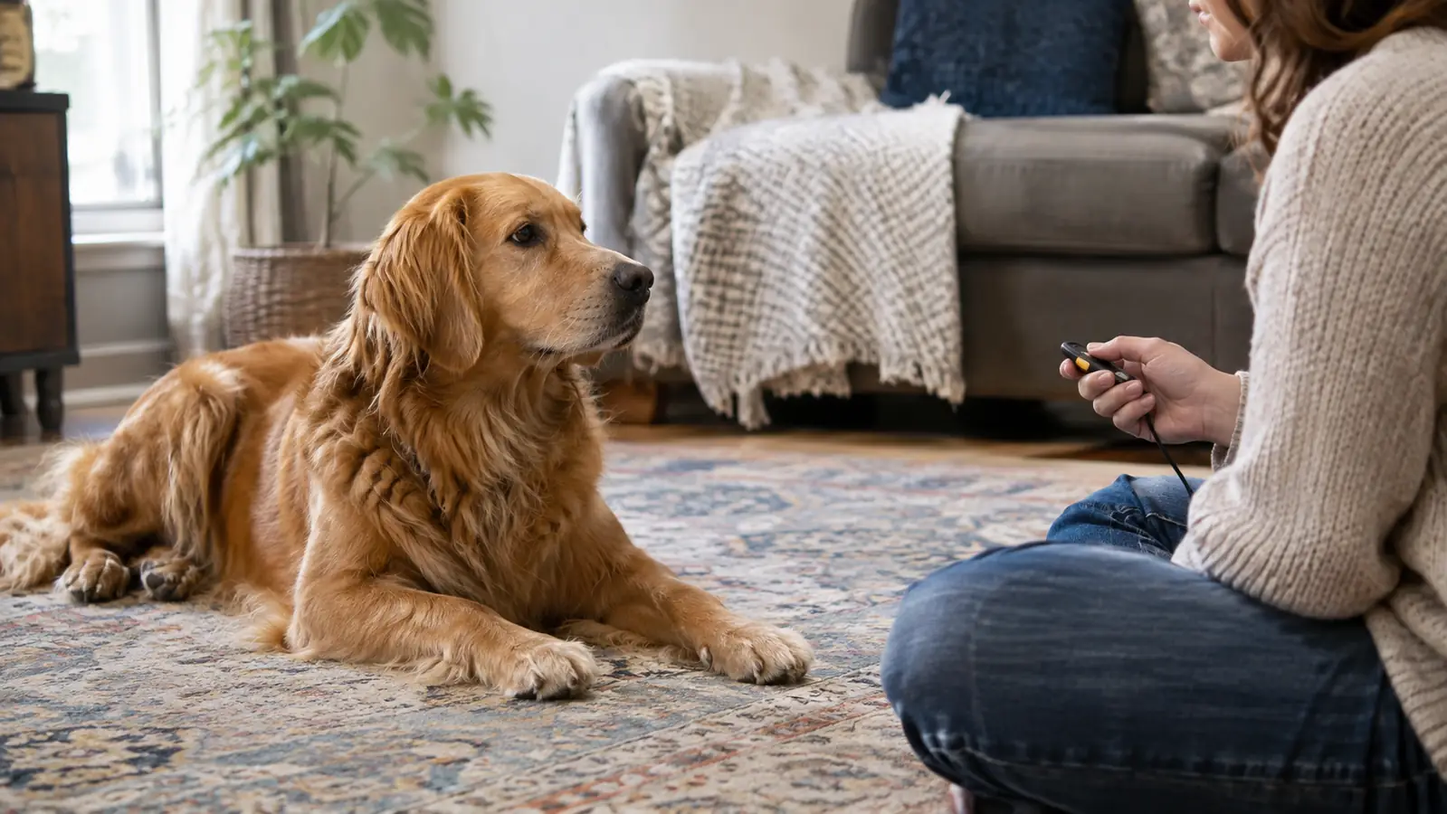 A dog lying calmly on a rug during a short training session
