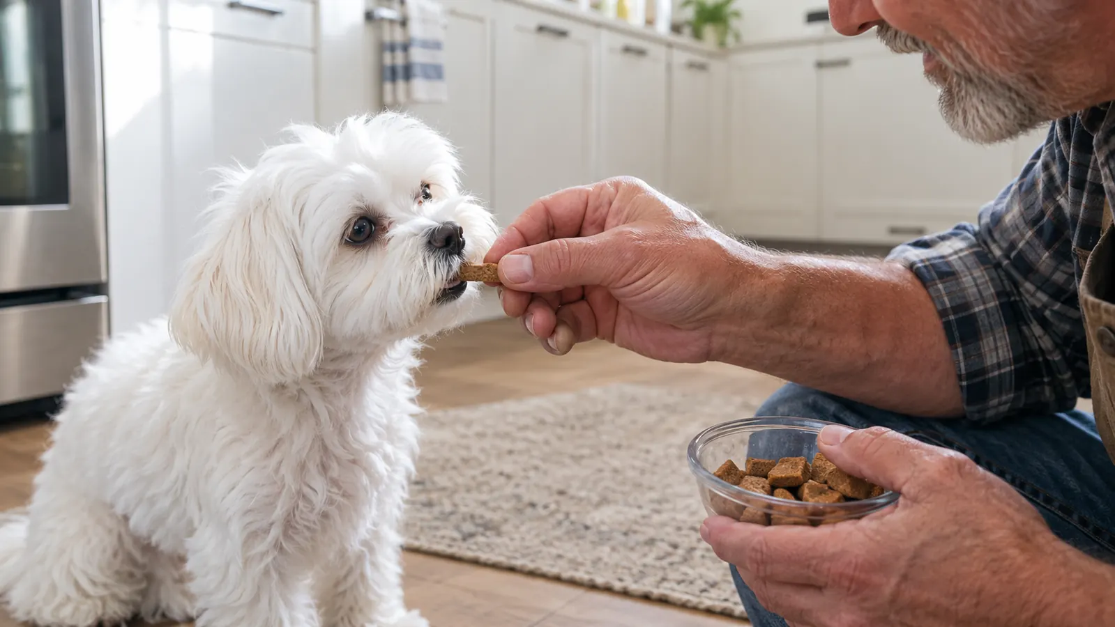 A hand offers a dog treat to a small dog in a kitchen