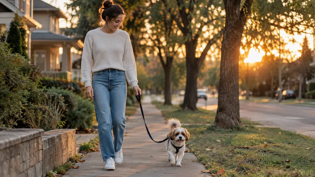 A person and a small dog walking on a neighborhood sidewalk in the evening