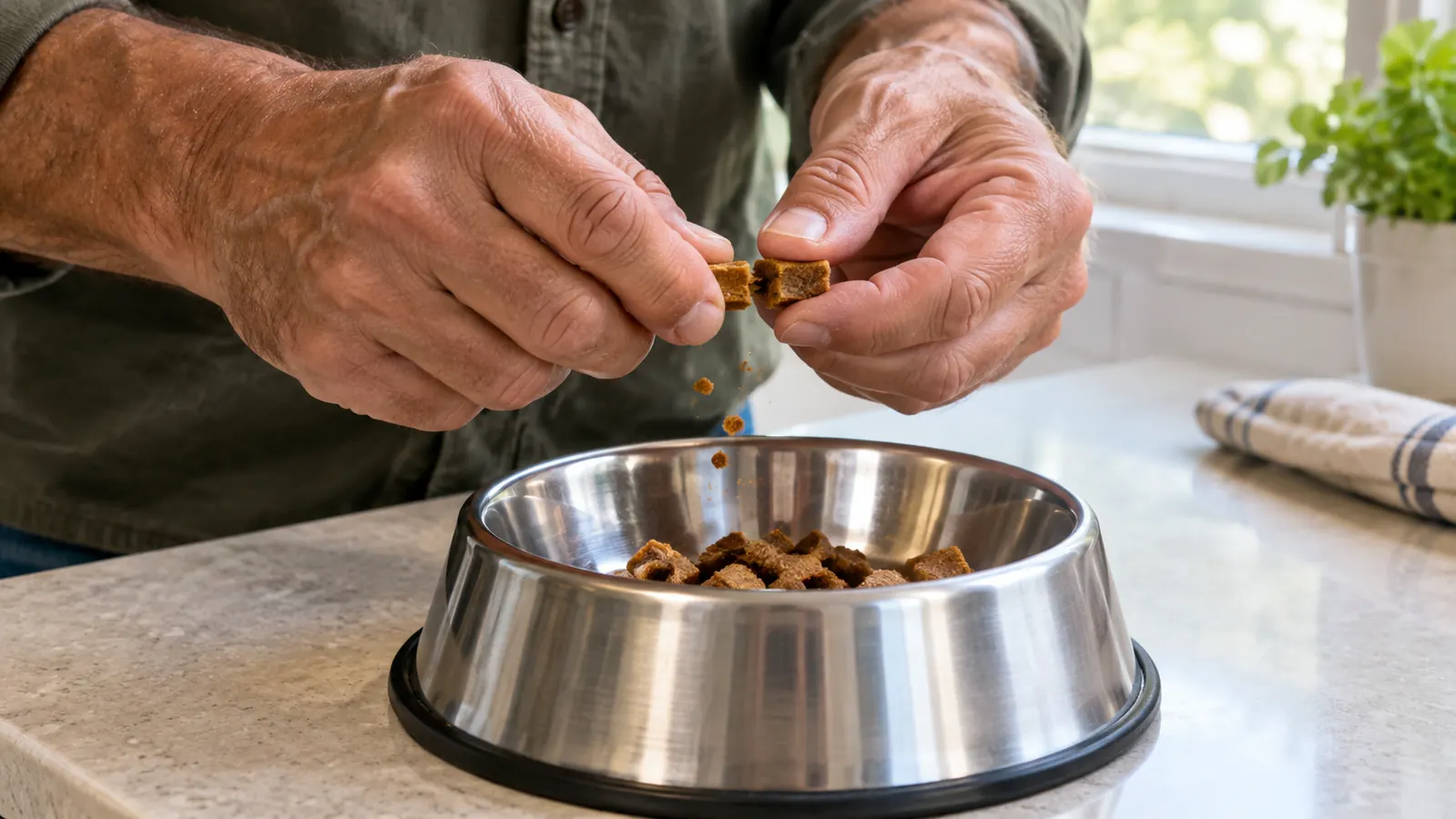 A hand breaking a small soft dog training treat into smaller pieces over a stainless steel bowl