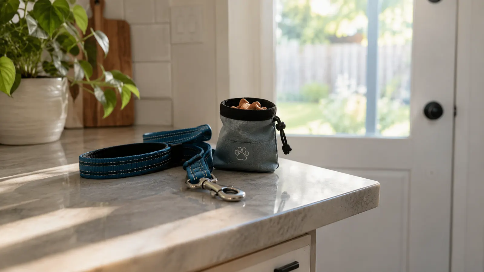A leash and a small pouch of dog treats waiting by the back door for a morning walk