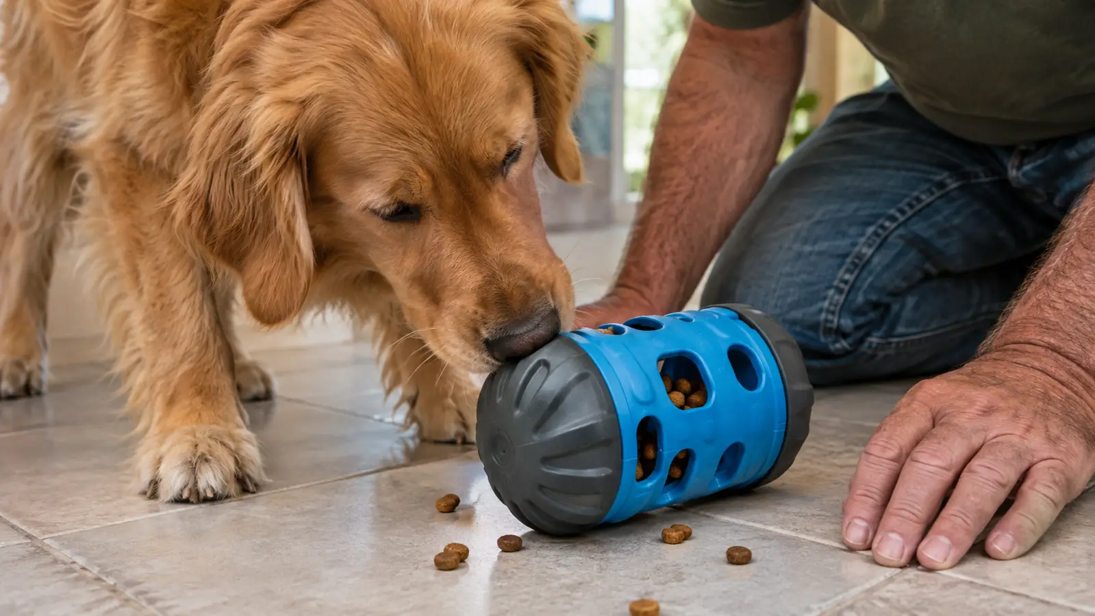 A dog pushing a treat-dispensing toy with its nose while pieces of kibble fall out
