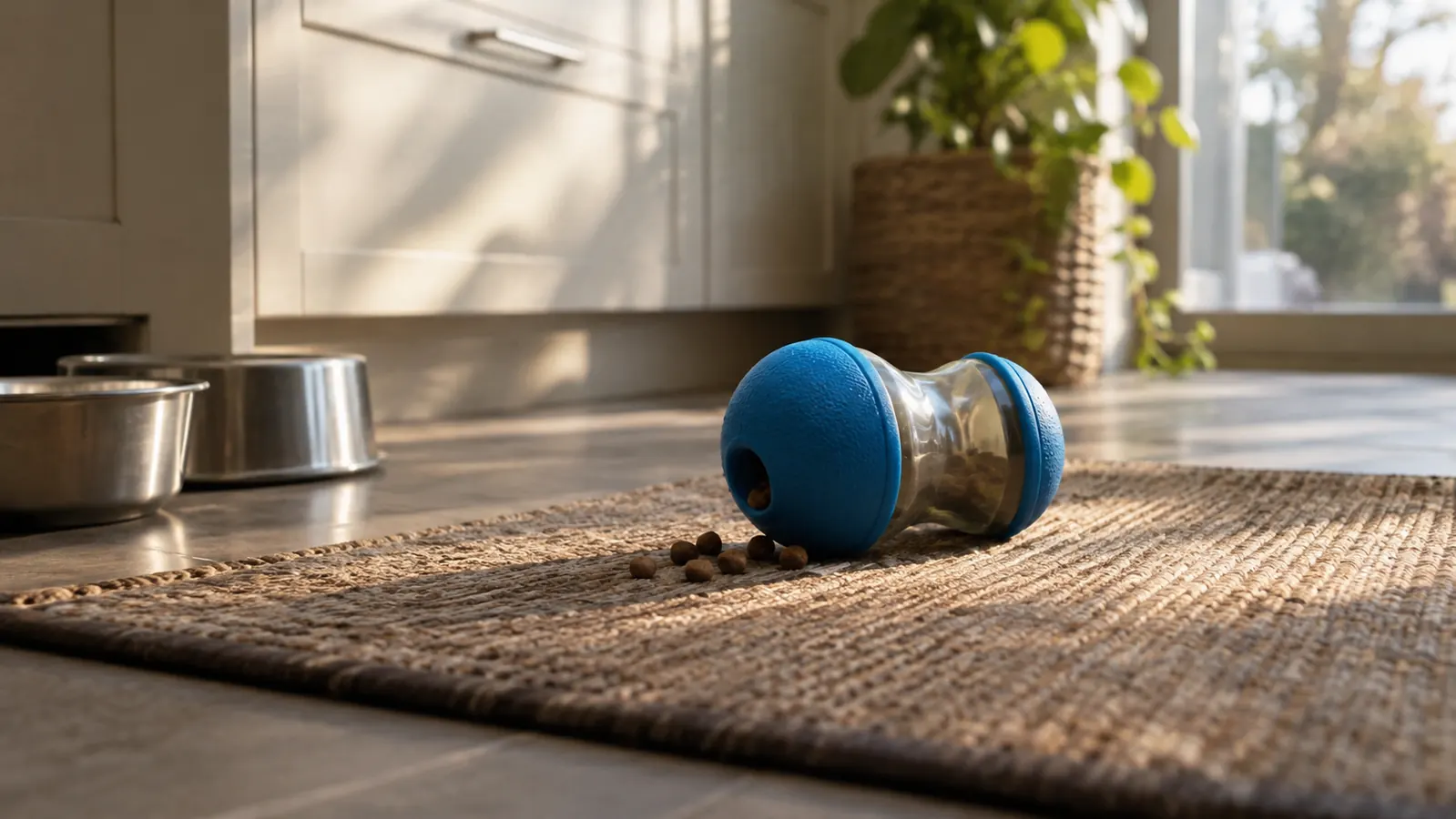 A treat-dispensing toy resting on a kitchen mat after a play session