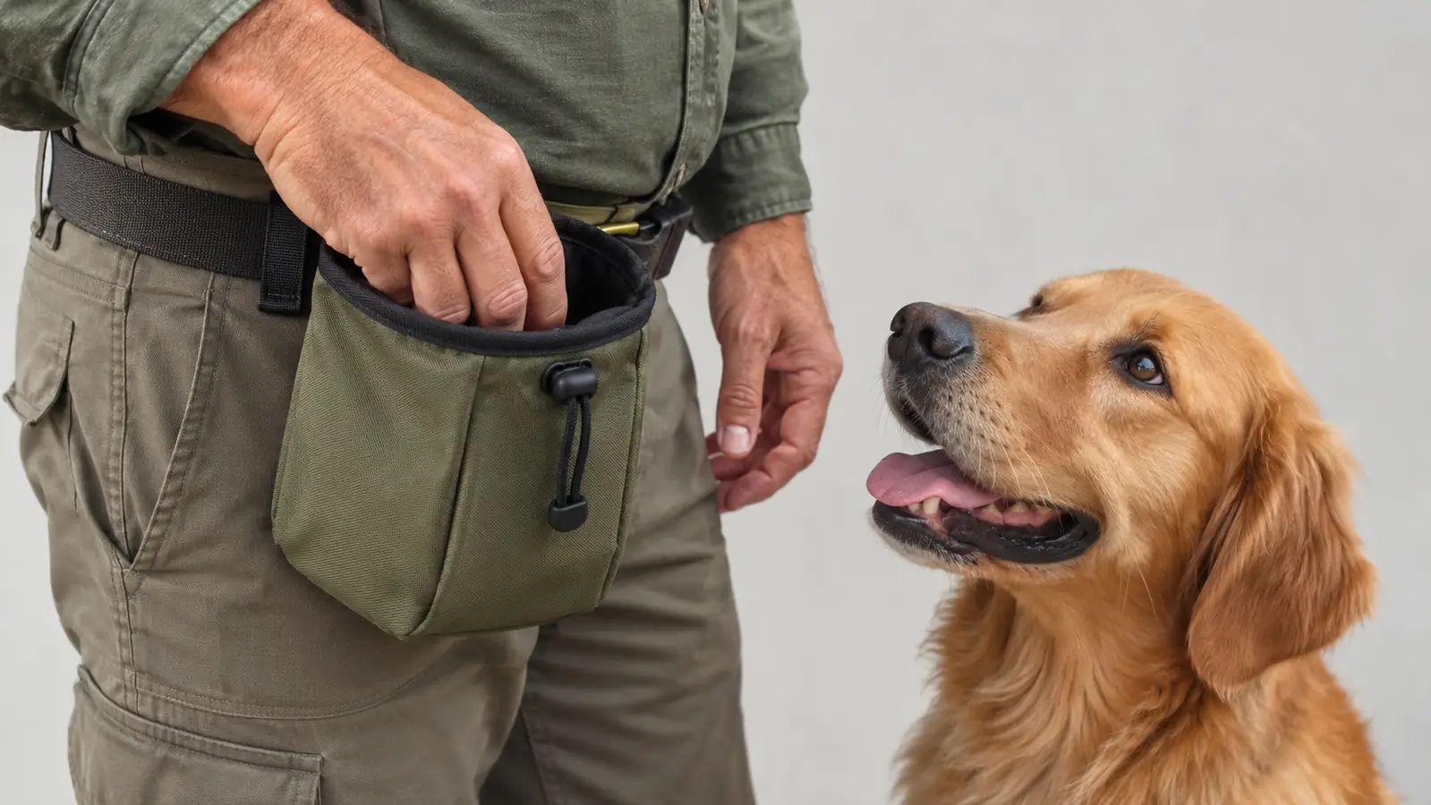 A hand reaching into an open treat pouch to offer a small reward to a dog sitting patiently