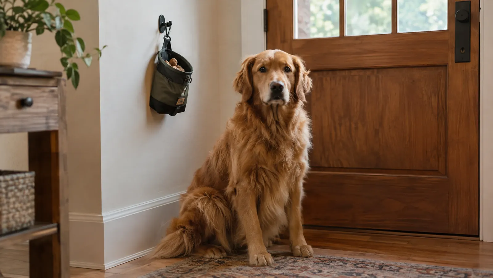 A dog sitting by a front door with a treat pouch hanging on a hook nearby