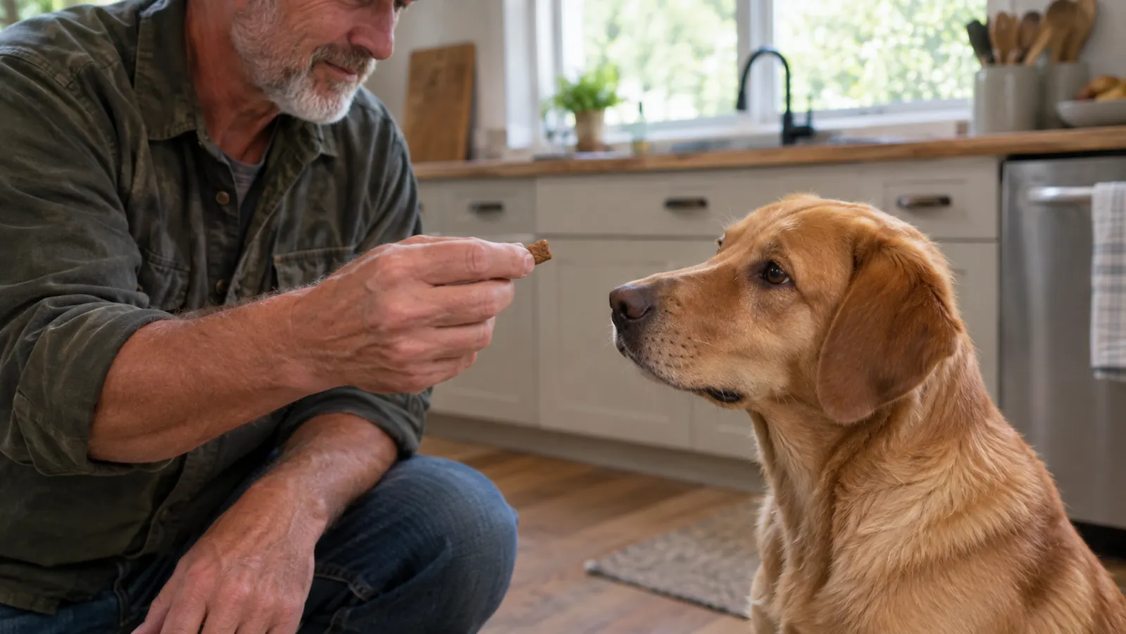 A hand offering a small training treat to a dog sitting patiently during a kitchen training session