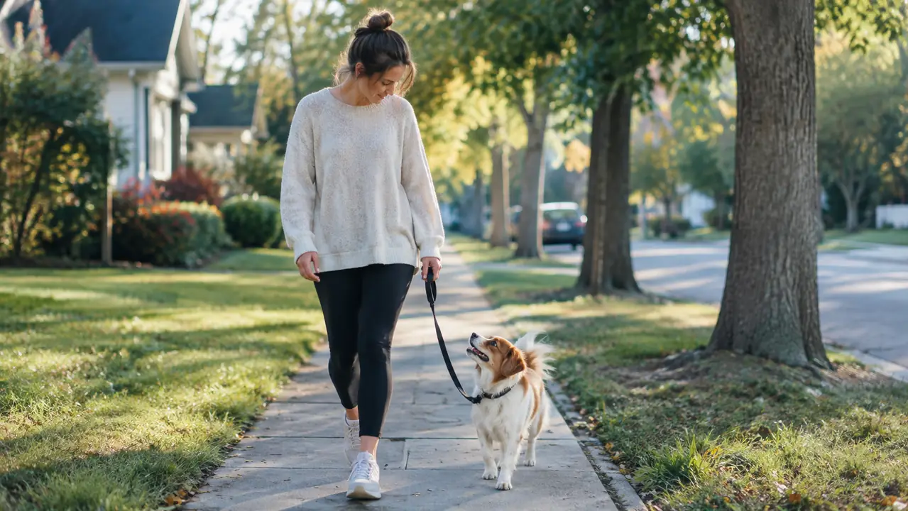 A small dog on a morning walk glancing up at its owner on a neighborhood sidewalk