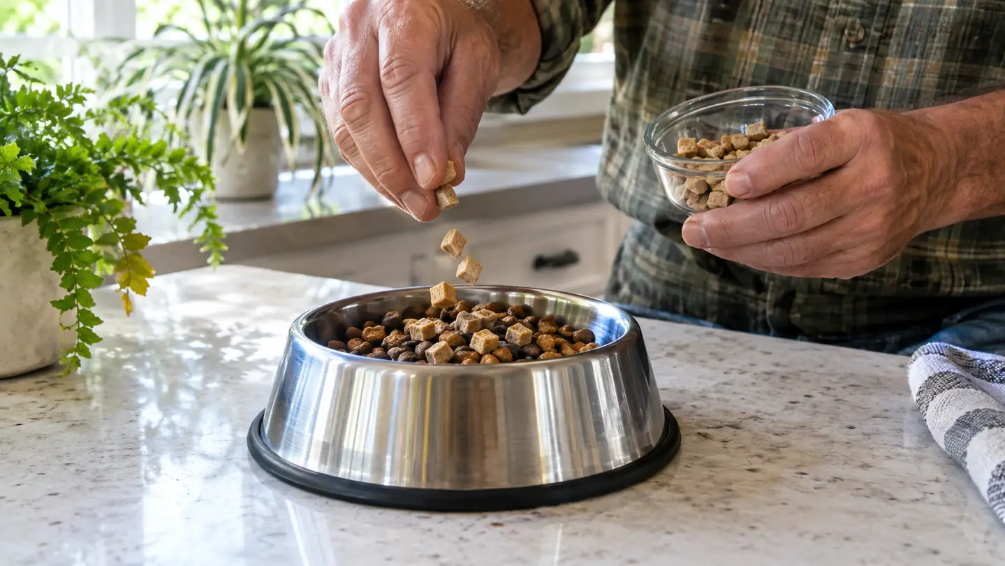 A person's hand sprinkling a handful of small training treats into a stainless steel bowl on a kitchen counter