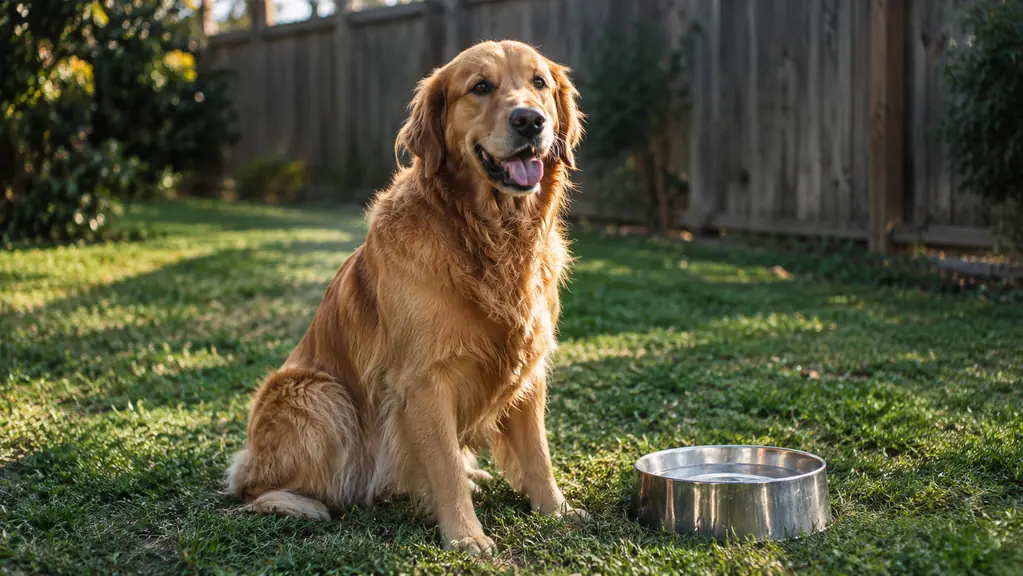 A dog sitting in a fenced backyard next to a water bowl, late afternoon light