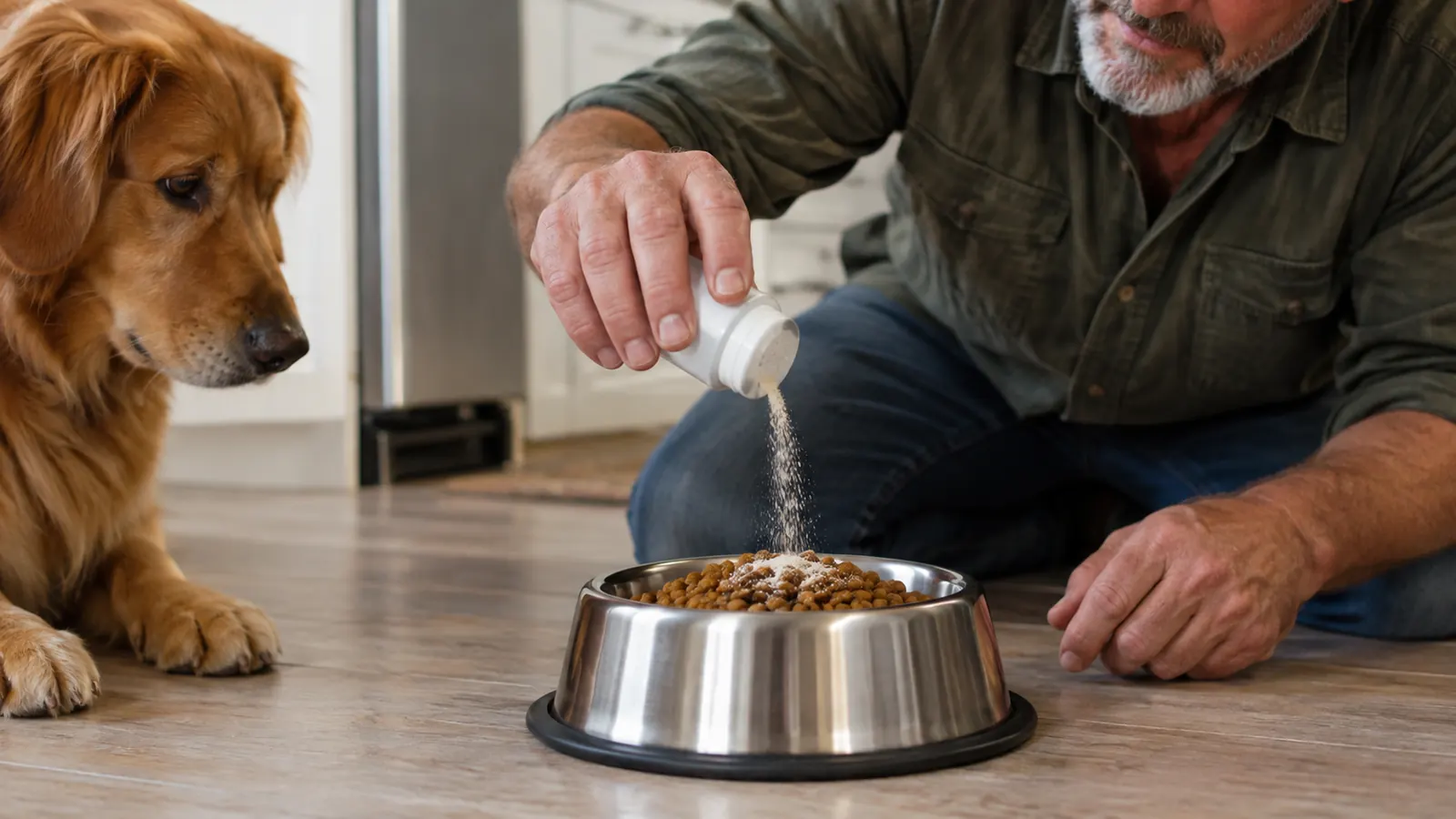 A hand sprinkling a few small soft training treats on top of kibble in a stainless steel bowl
