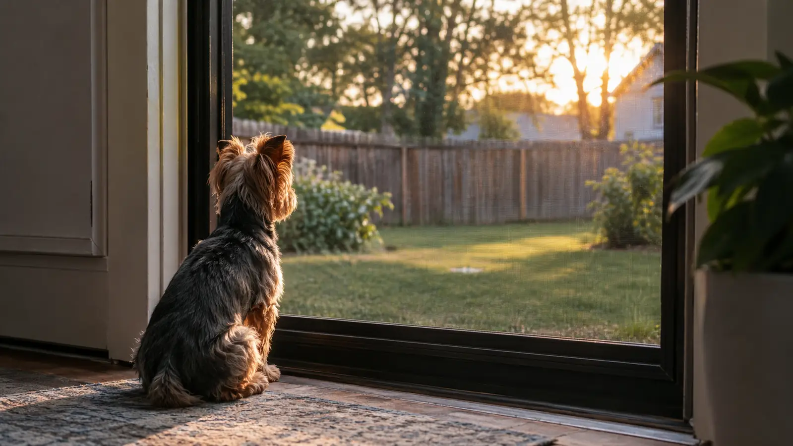 A small dog sitting patiently at a screen door, looking out at a fenced backyard in late afternoon light