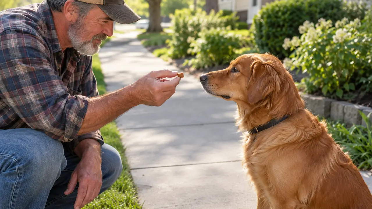 A hand holding out a small training treat to a dog sitting on a sidewalk during a walk.