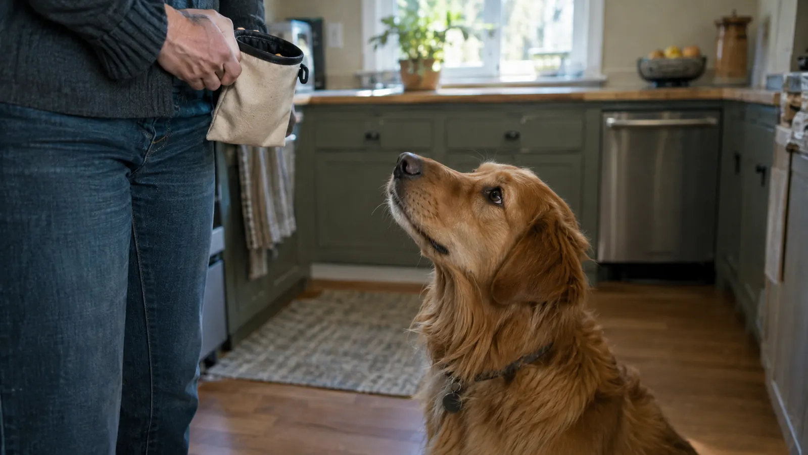 A dog sitting on a kitchen floor and looking up at an open treat pouch held low at its owner's side.