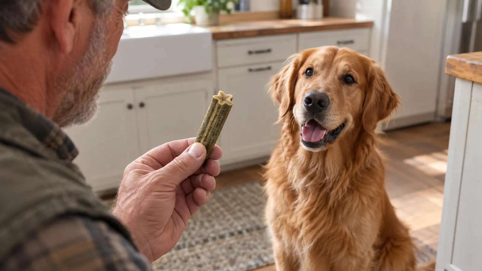 A hand offering a dental chew to a dog sitting on the floor