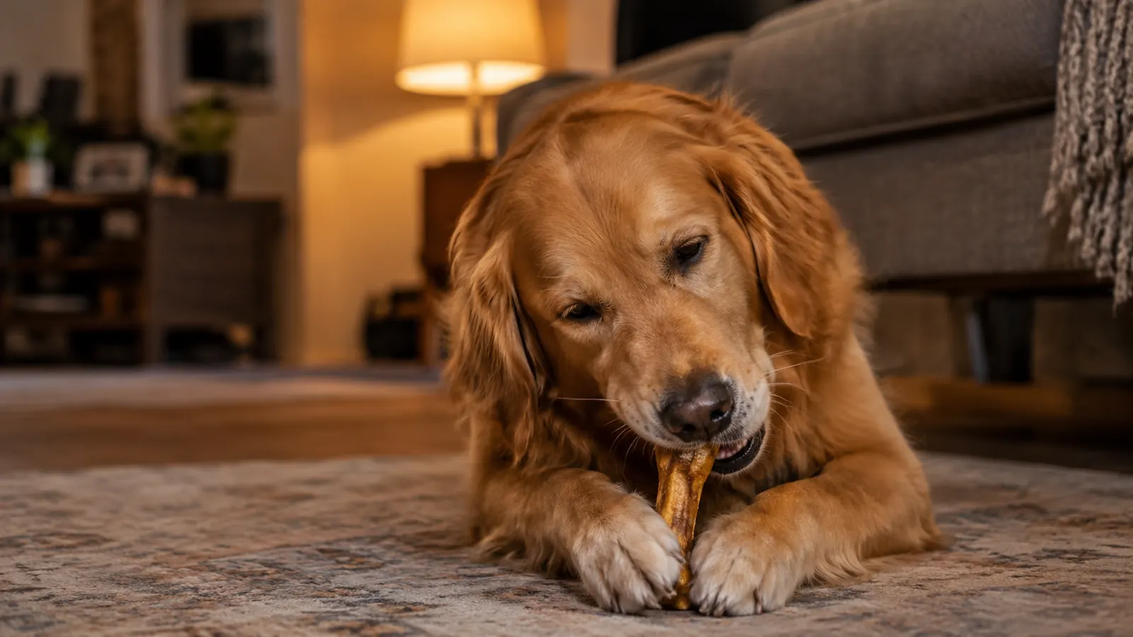 A dog chewing contentedly on a dental chew while sitting in a living room