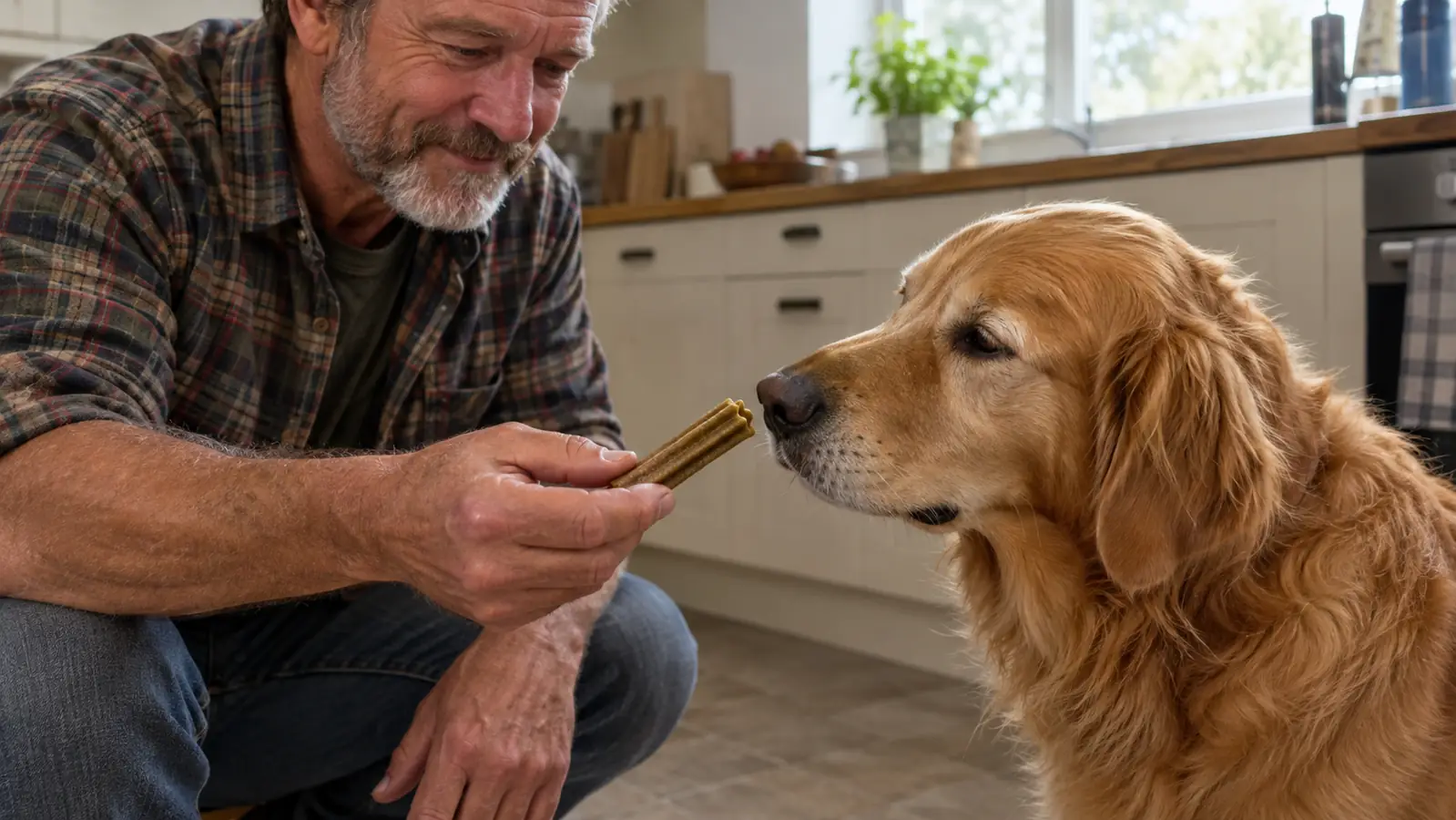 A hand holding out a dental chew to a dog that is sniffing it, kitchen counter in the background