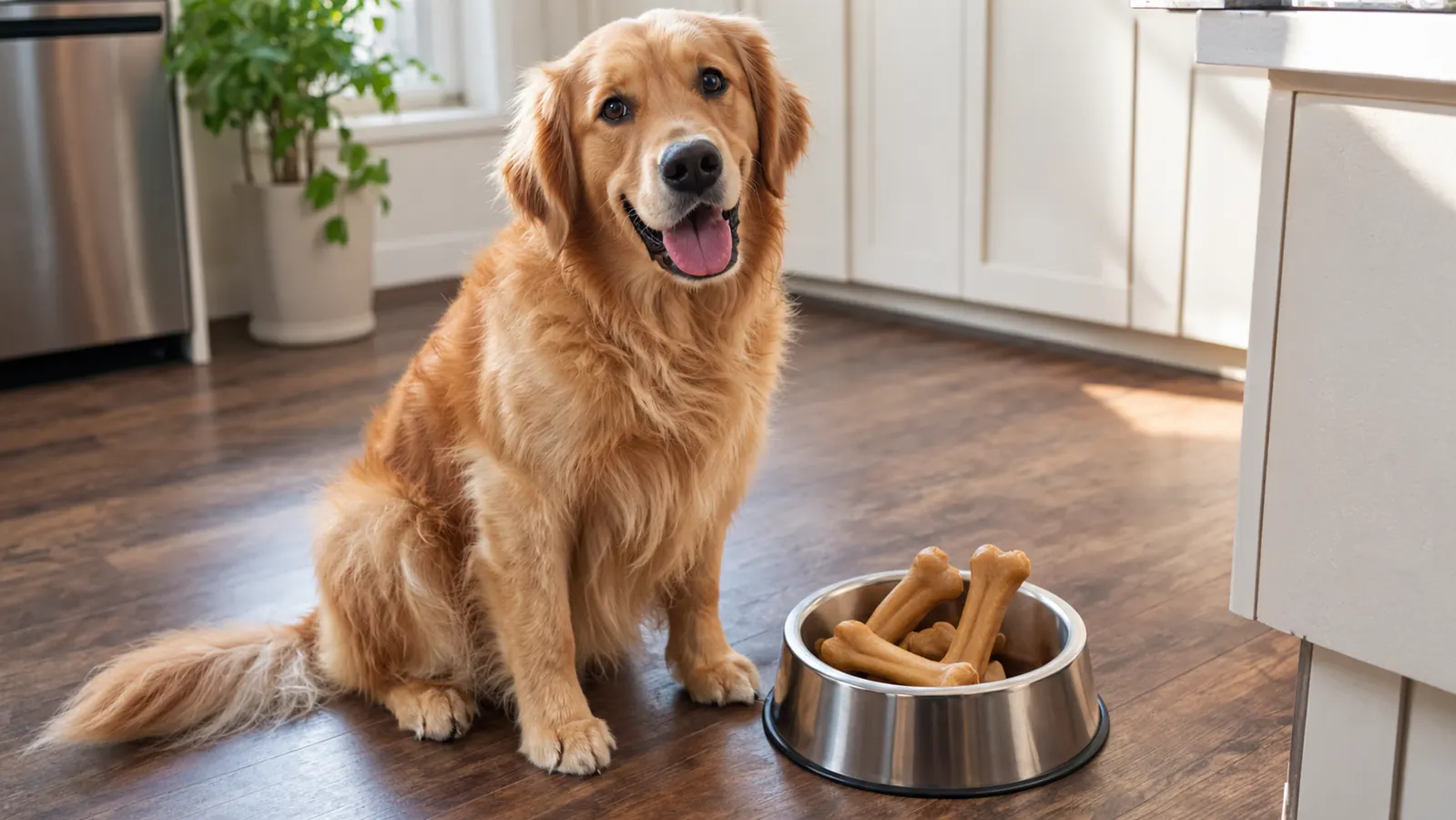 A dog sitting beside a bowl of dental chews on a kitchen floor, looking up expectantly