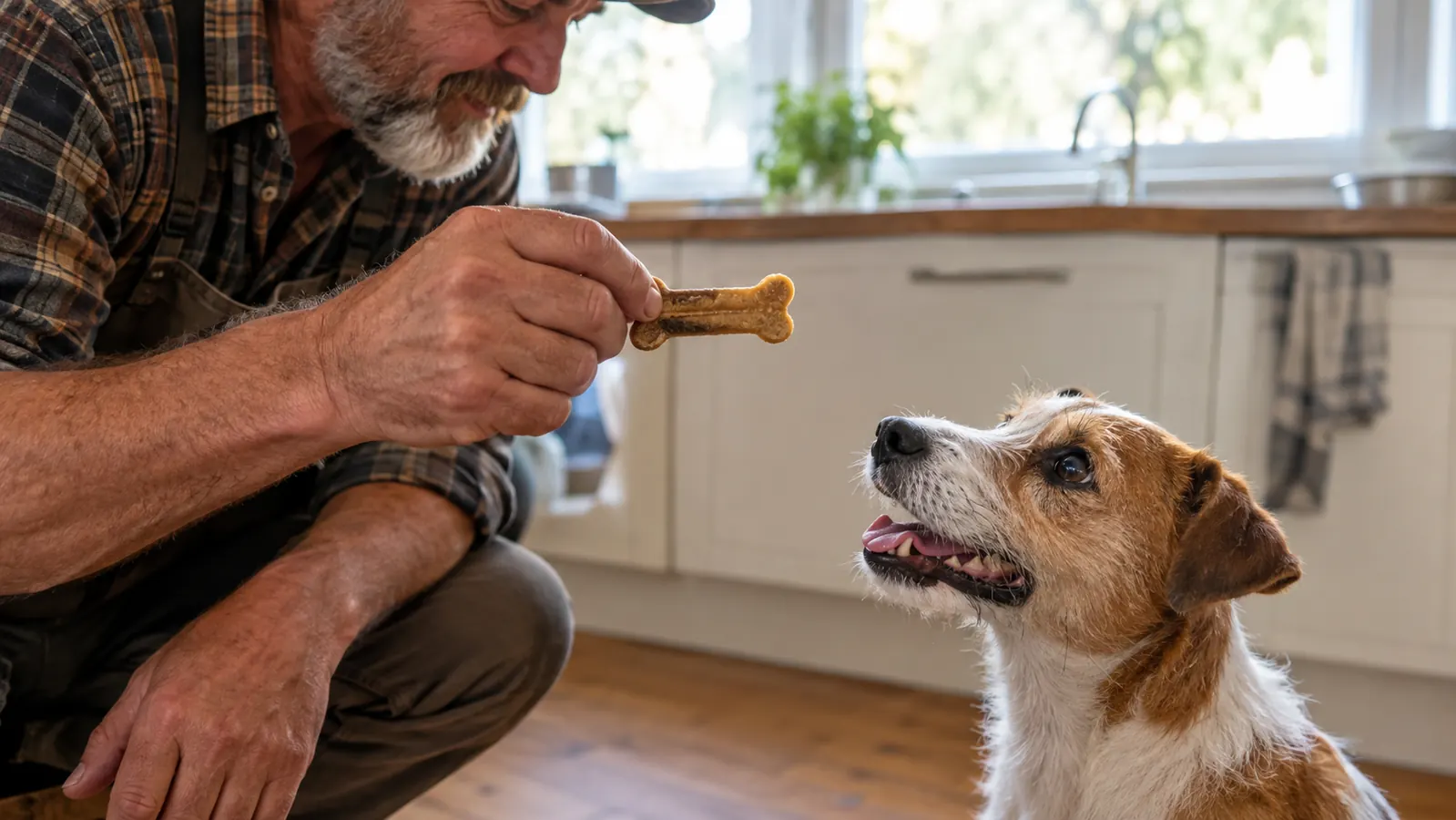 A hand holding a dental chew over an open palm in a kitchen, the dog looking up at it