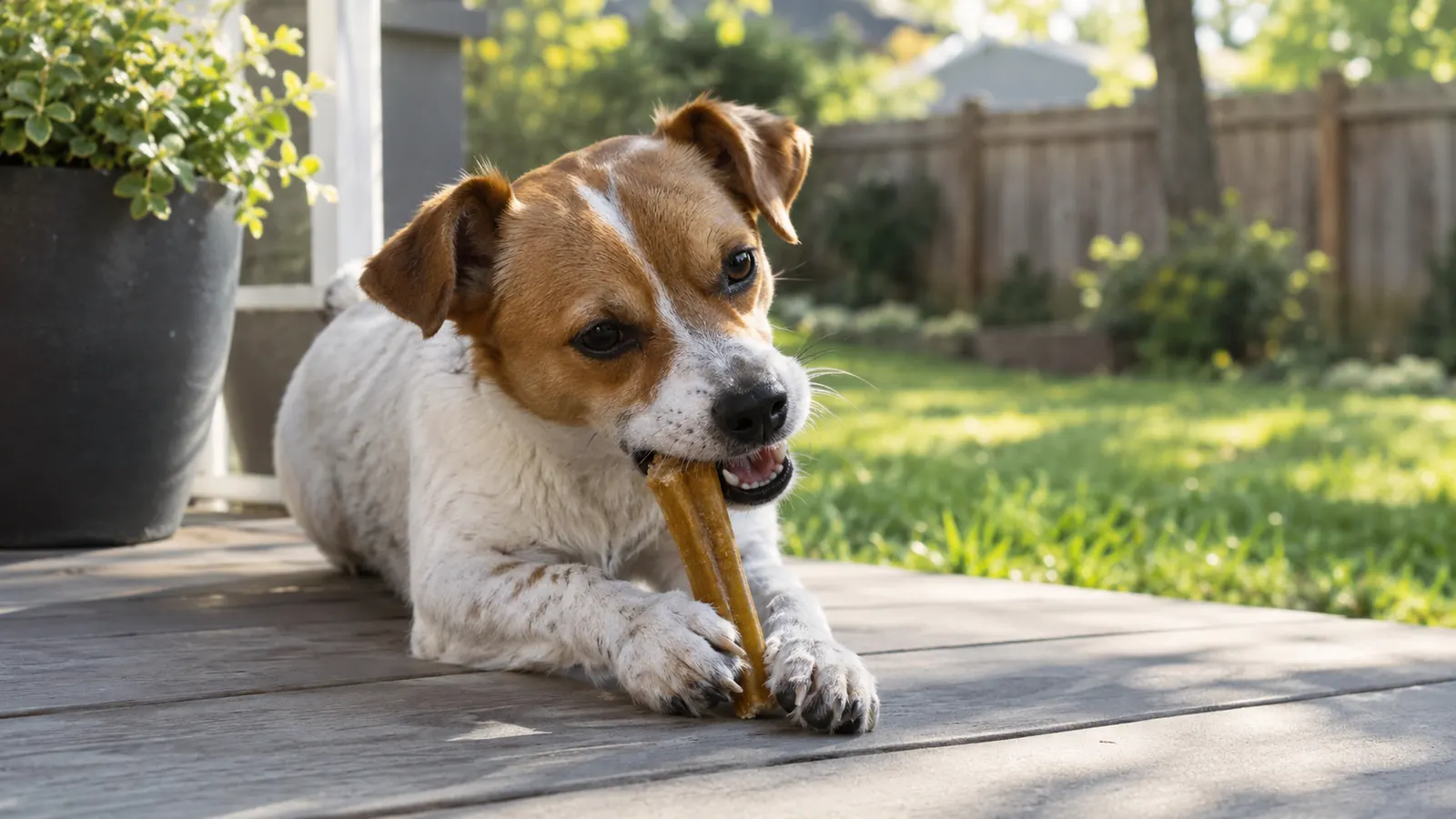 A small dog sitting on a backyard porch chewing a dental chew in the morning
