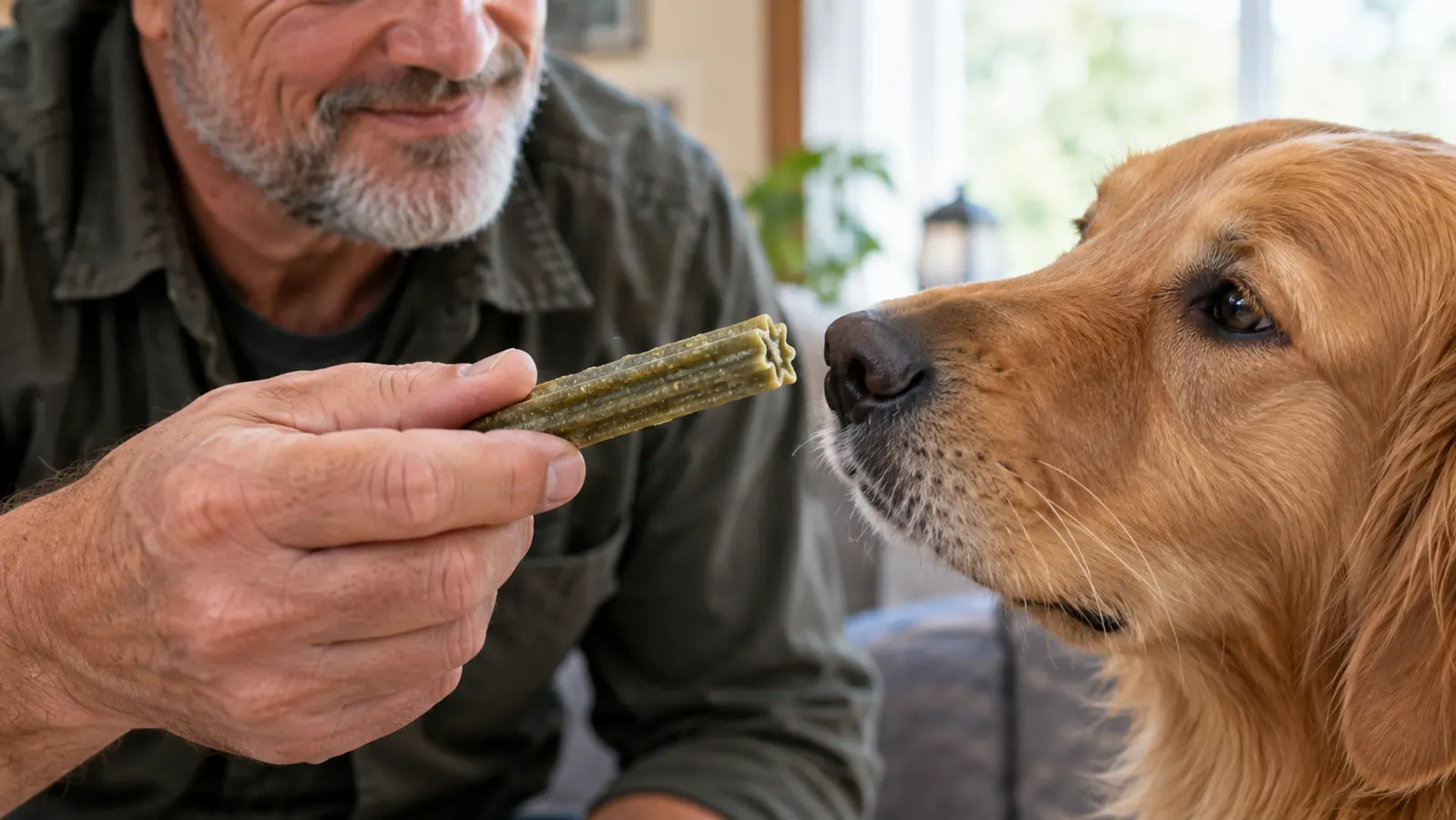 A person's hand offering a dental chew to a dog, which is sniffing it closely