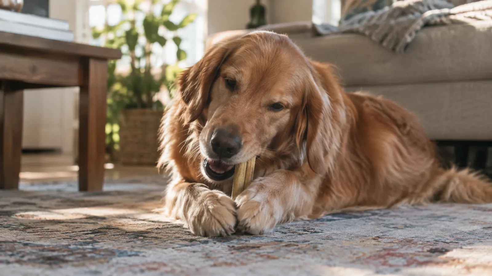 A dog lying on a living room rug, chewing contentedly on a dental treat