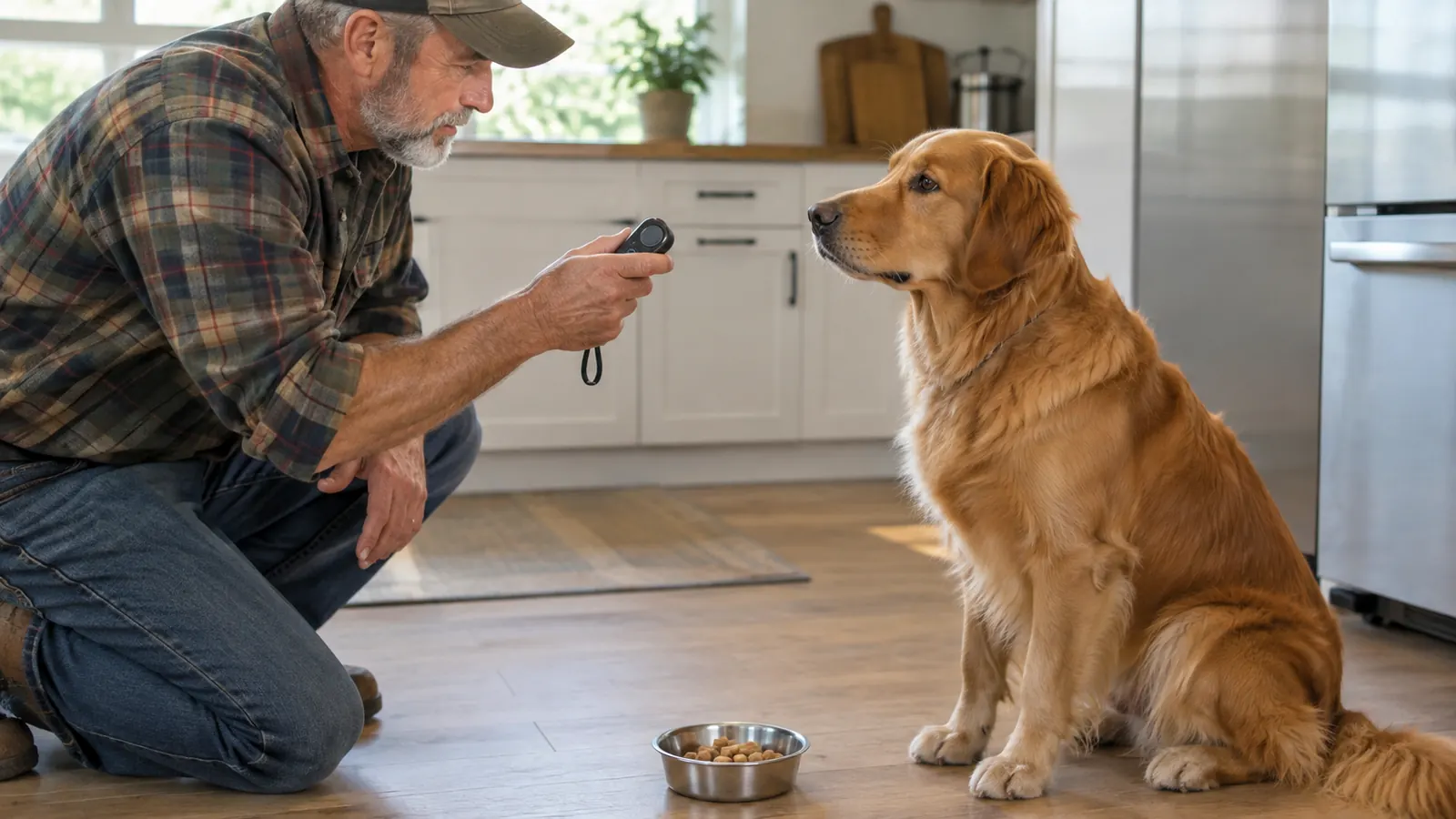 A hand holding the clicker during a kitchen training session while the dog waits for a treat