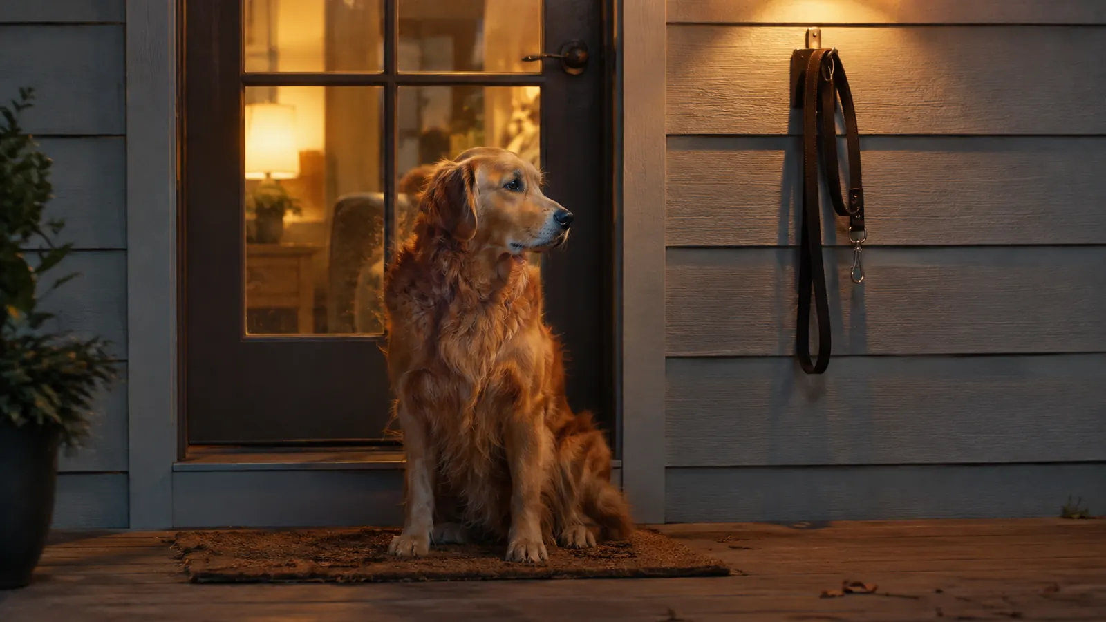 The dog waiting at the back door in the evening with a leash hanging nearby