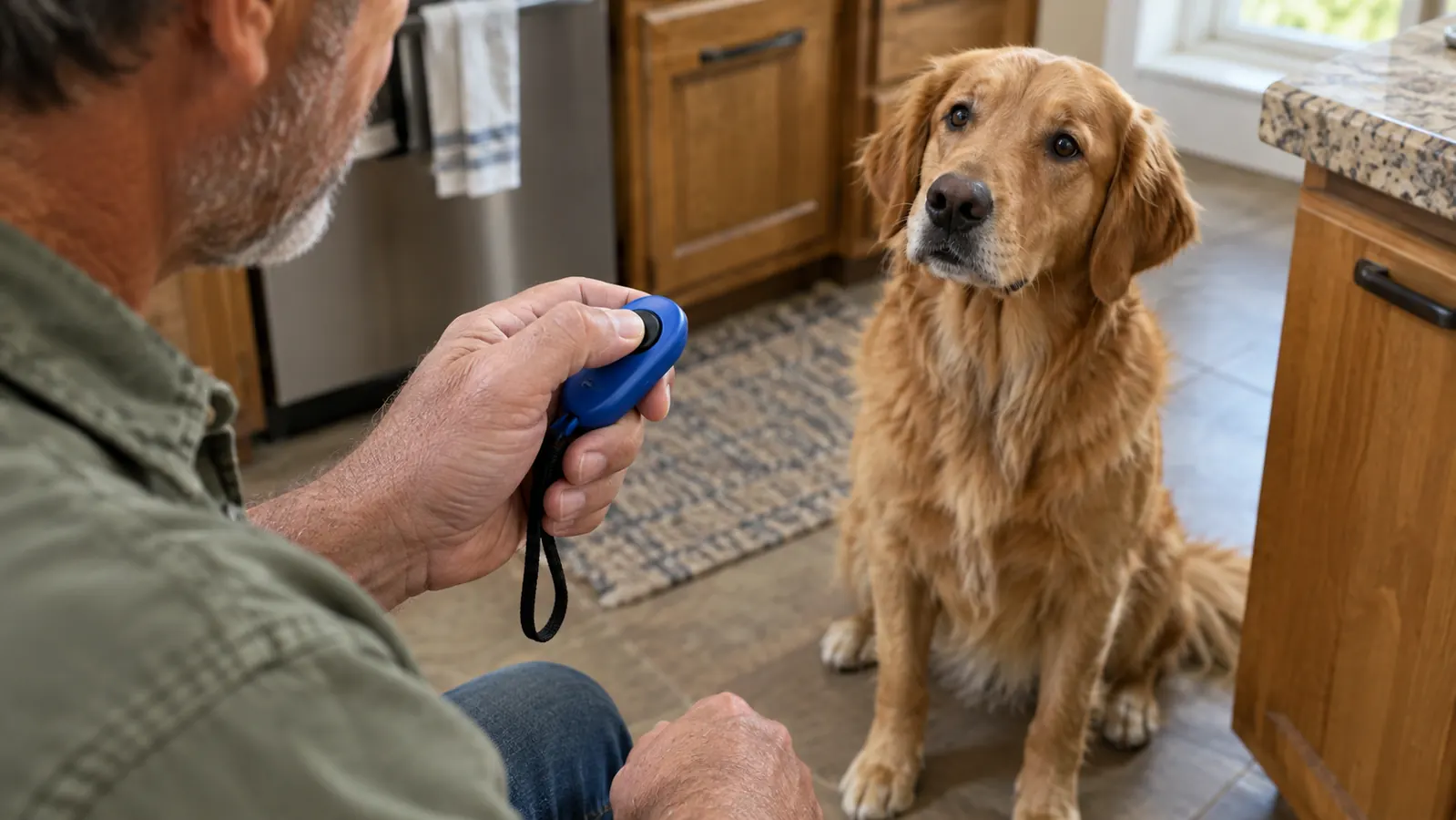 A person's hand pressing a training clicker while a dog waits patiently on the kitchen floor