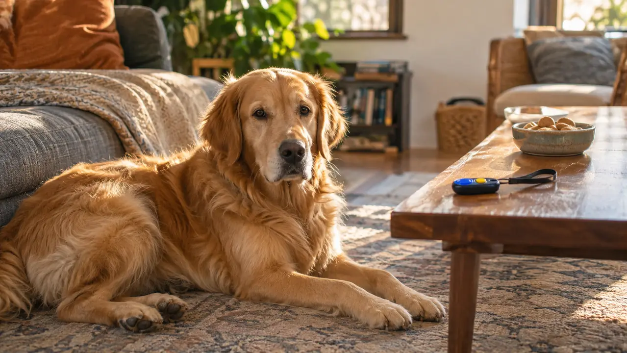 A dog lying on a rug in a living room while a training clicker and a small bowl of treats sit on the coffee table nearby