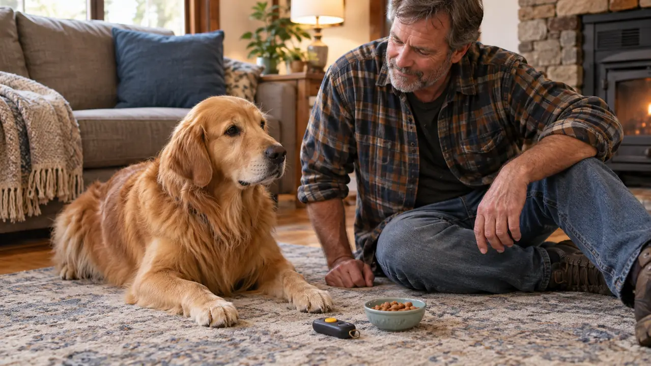 A dog lying on a rug with a small clicker and a bowl of treats on the floor nearby