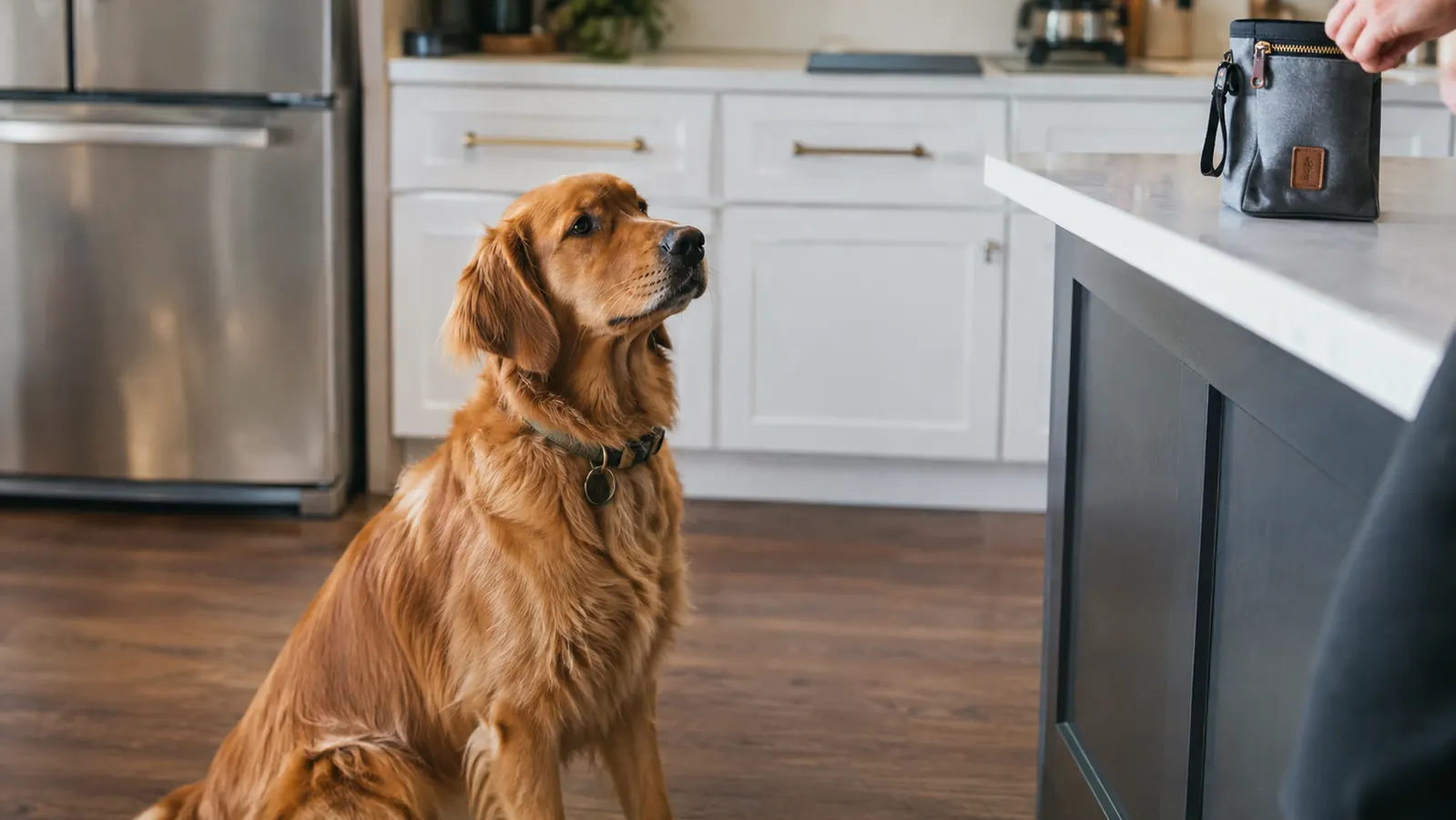 A dog sitting attentively during a short training session in a kitchen, with a treat pouch on the counter