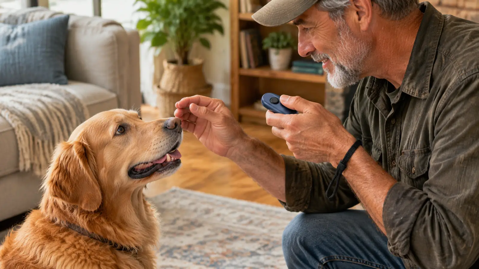 A hand with a clicker on a wrist strap reaching toward a dog that is looking up expectantly