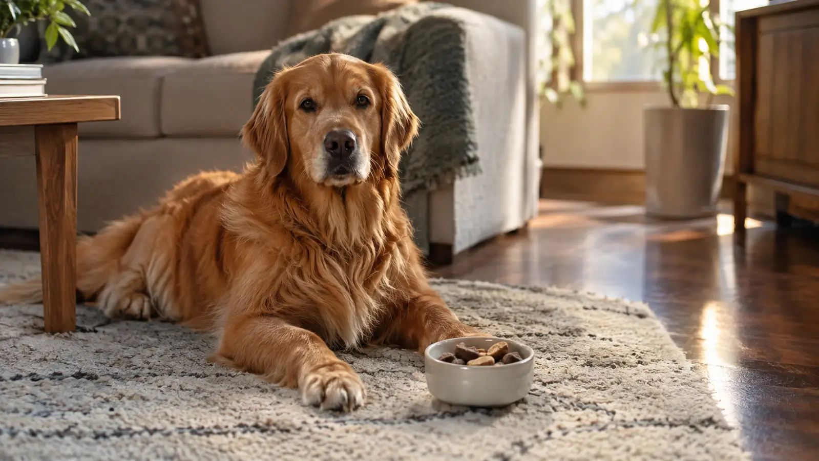 A dog lying on a rug in a living room during a training break