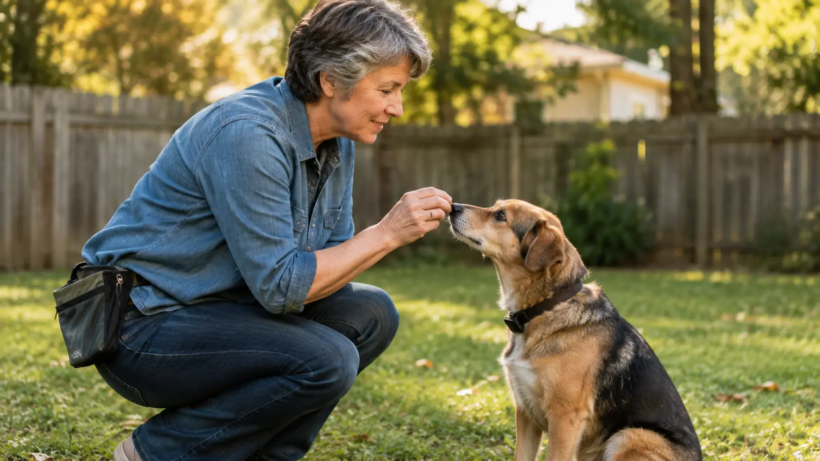 A woman crouching in a sunny backyard offering a small training treat to an attentive dog sitting on the grass