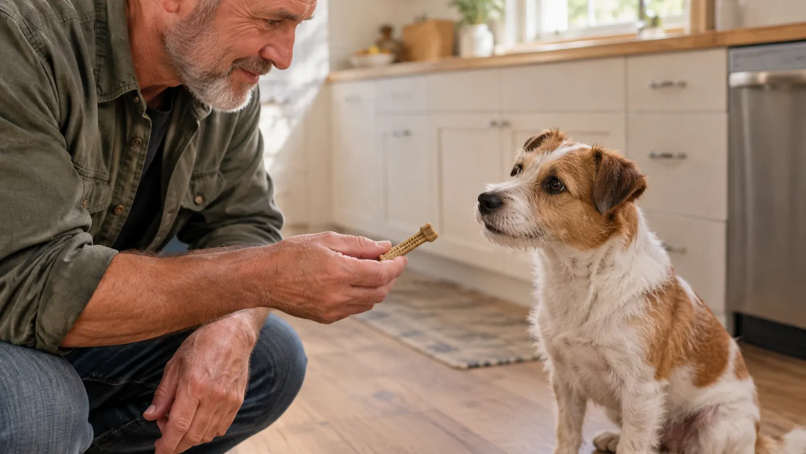 A hand offering a dental chew to a small dog sitting on a kitchen floor