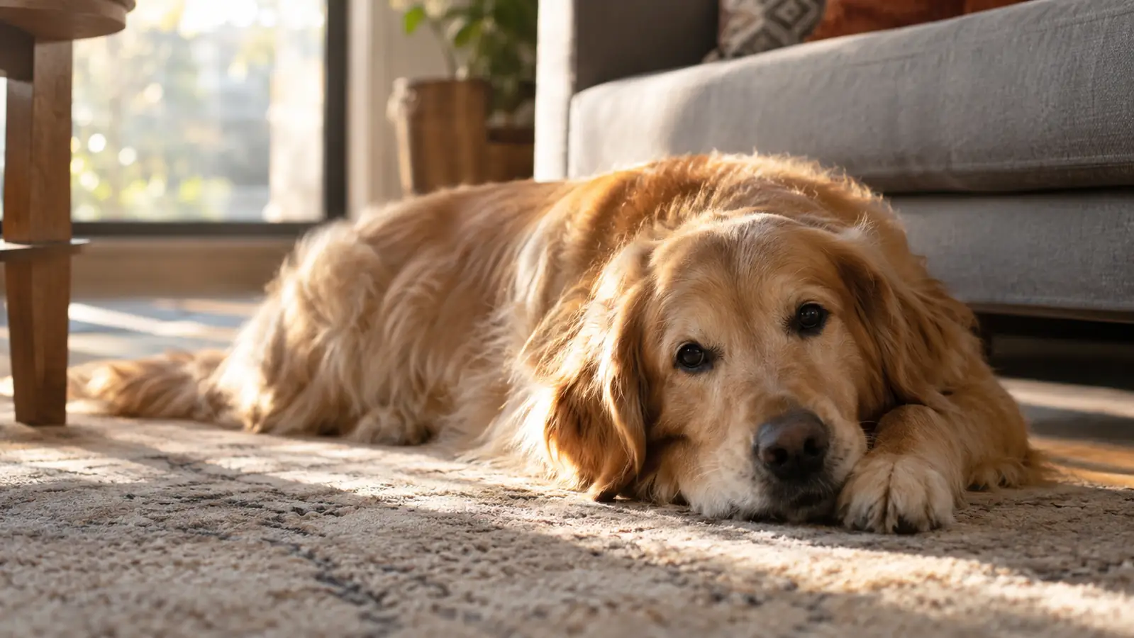 A dog lying on a living room rug with its head resting on its paws