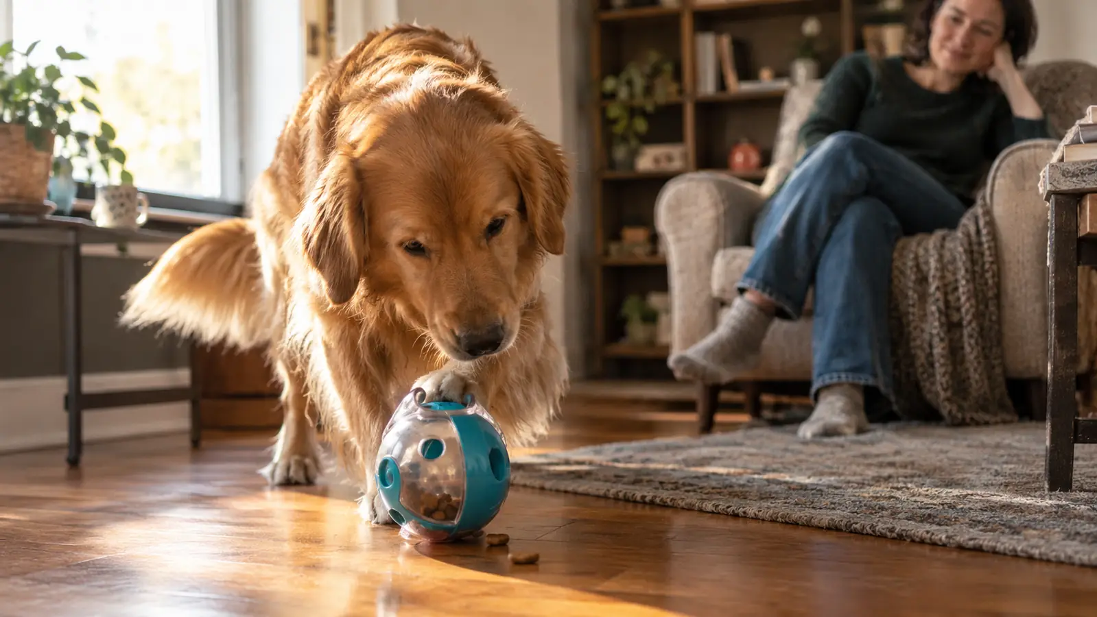 A dog nudging a treat-dispensing toy across a living room floor while a person watches from a chair