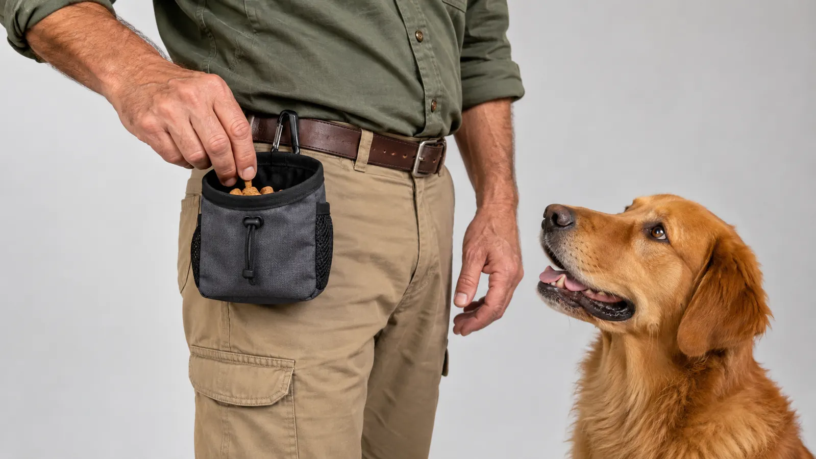 A close view of a hand reaching into a treat pouch clipped to a waistband while a dog sits calmly beside the owner