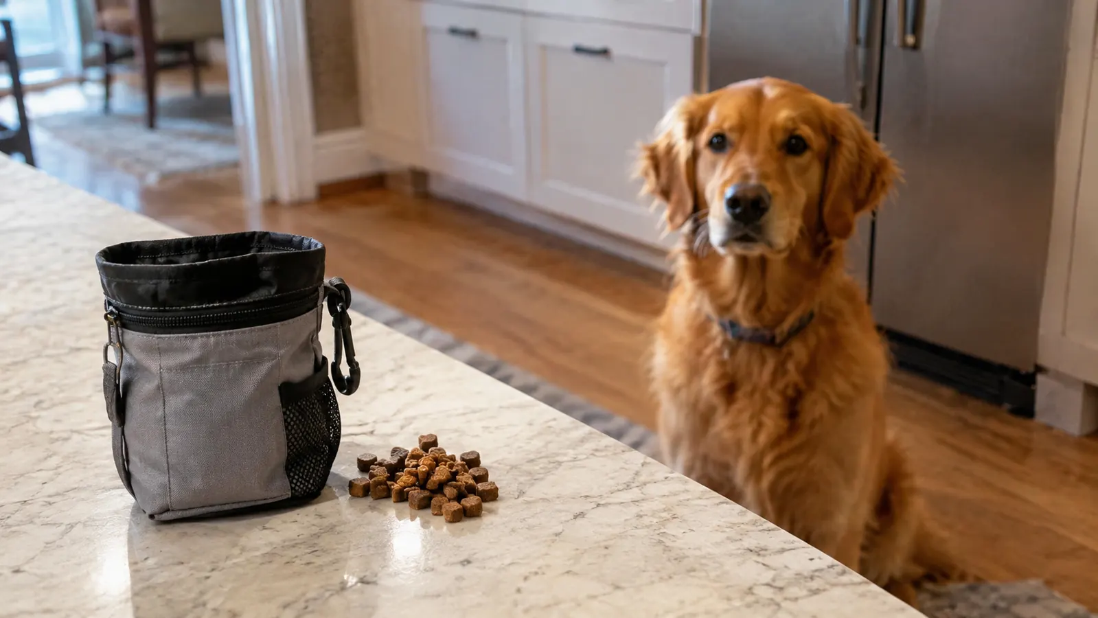 A small pile of pea-size treats next to a treat pouch on a kitchen counter, with a dog watching from a few feet away