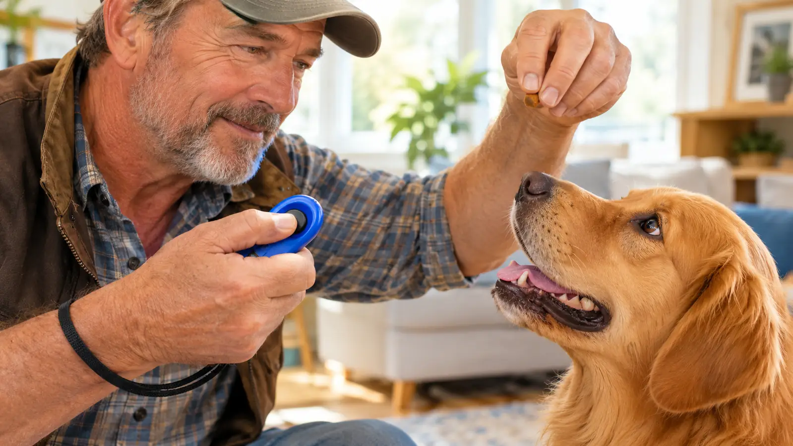 A hand holding a small clicker with a wrist strap while a dog watches a treat in the other hand