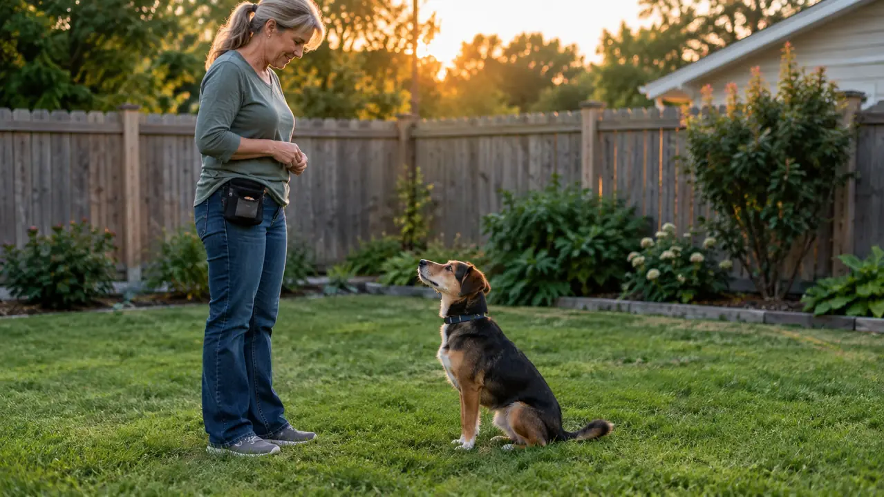 A dog sitting politely on a backyard lawn looking up at its owner during a short evening training session