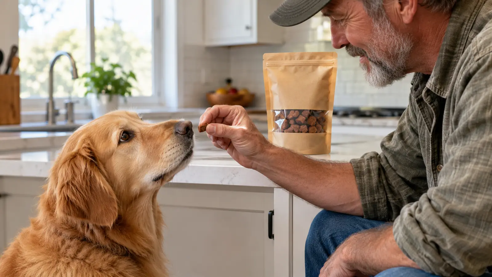 A person's hand offering a small training treat to a dog during a kitchen training session