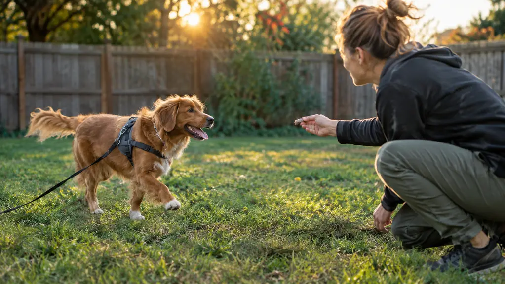 A dog trotting across a backyard toward a person holding a treat at the end of a long training line