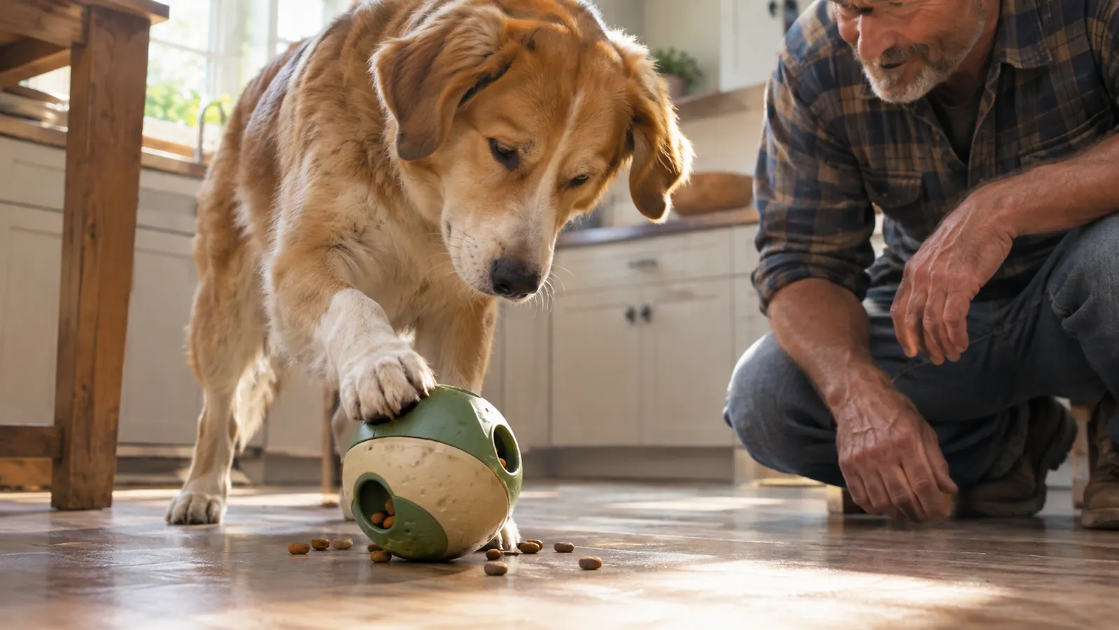 The dog pushing the toy with her nose while pieces of kibble scatter on the floor