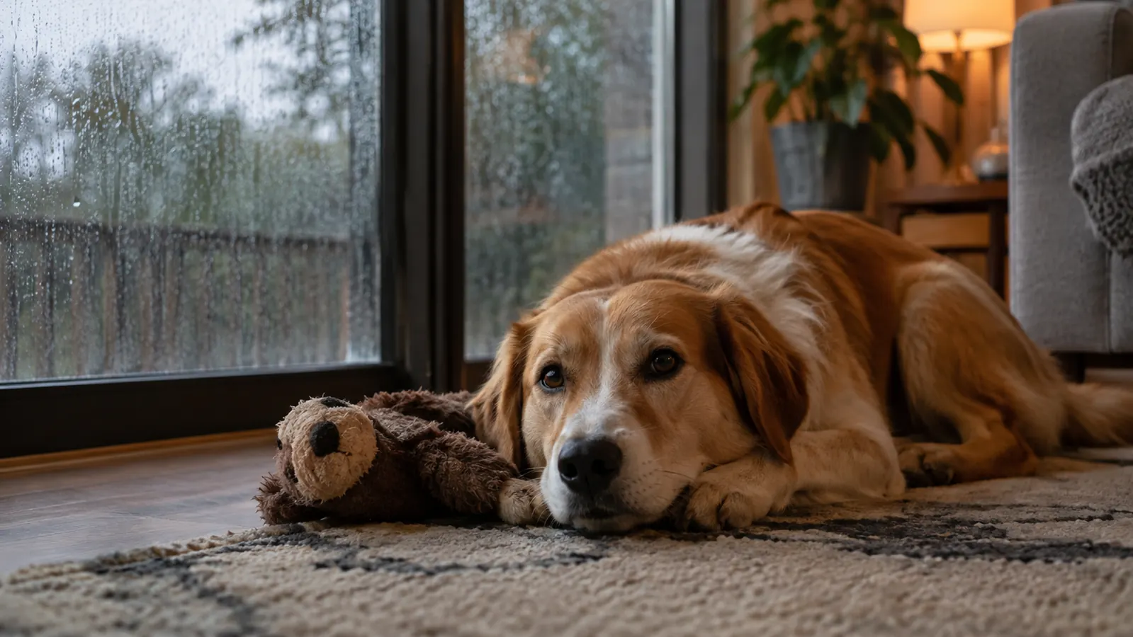 A dog resting on a rug beside the toy while rain streaks the window