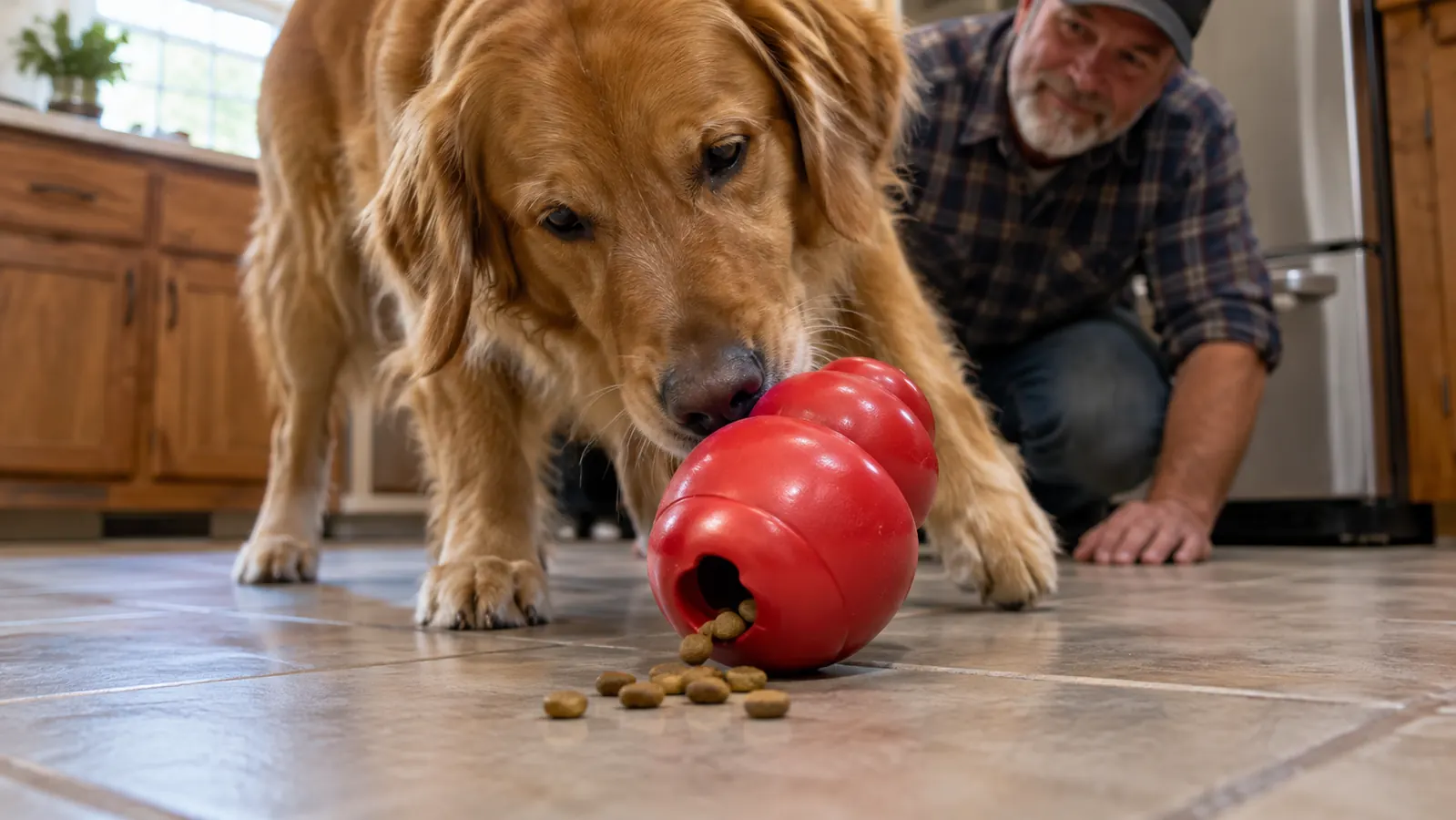 A dog pushing a KONG Wobbler across a tile kitchen floor, kibble falling from the opening