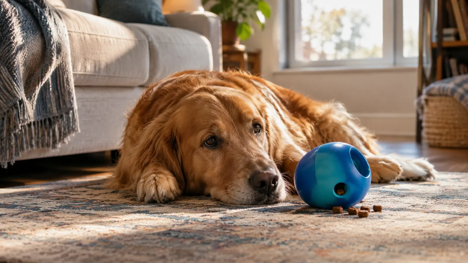 A dog resting on a rug next to a treat-dispensing toy in the late afternoon