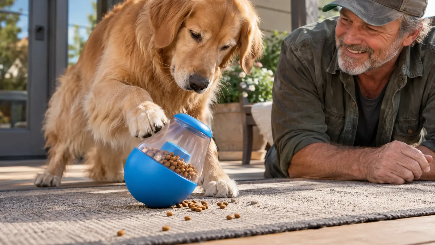 A dog batting the KONG Wobbler with its paw while kibble pieces scatter on a kitchen mat