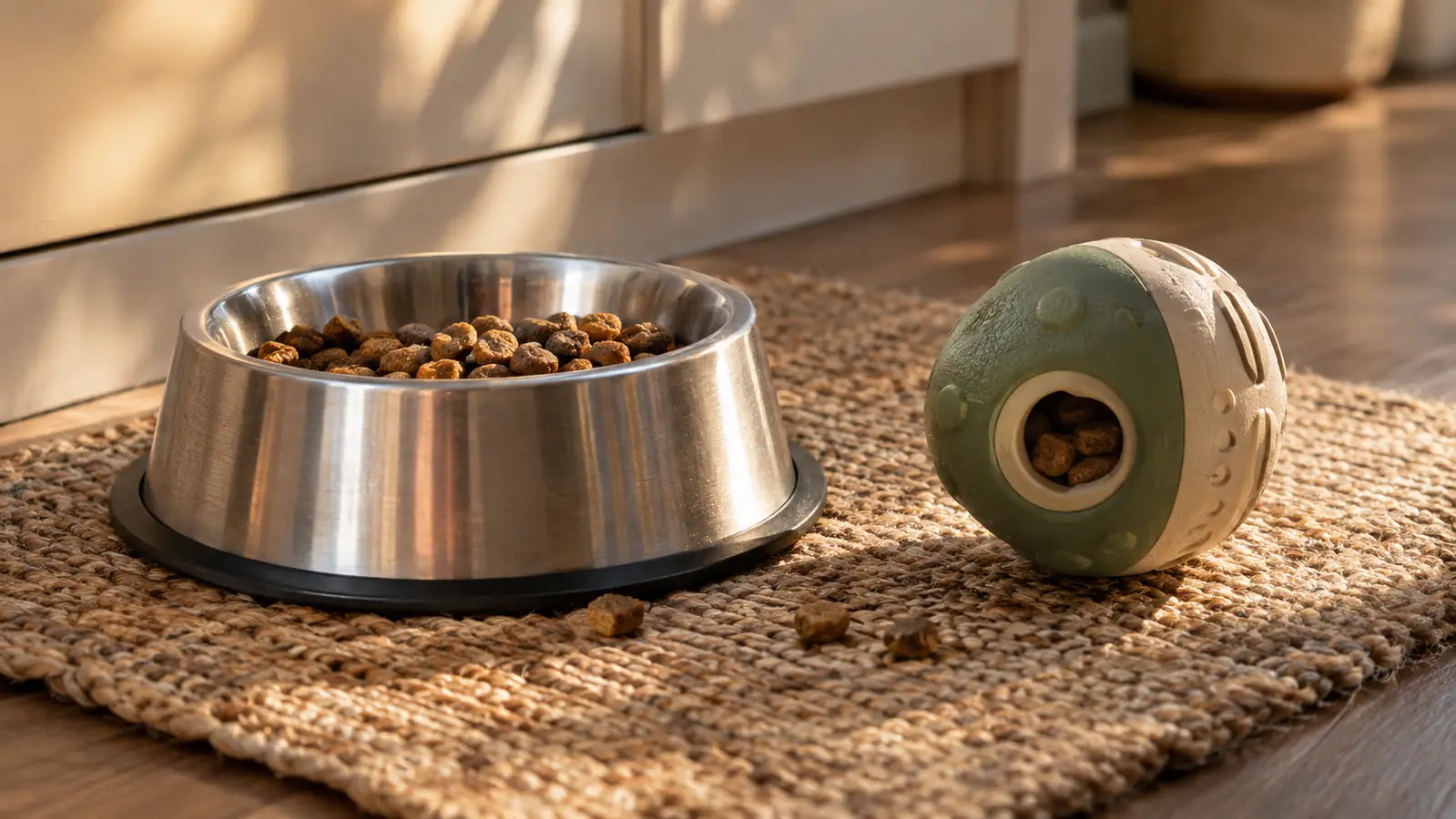 A stainless steel bowl of kibble beside a treat-dispensing toy on a kitchen mat